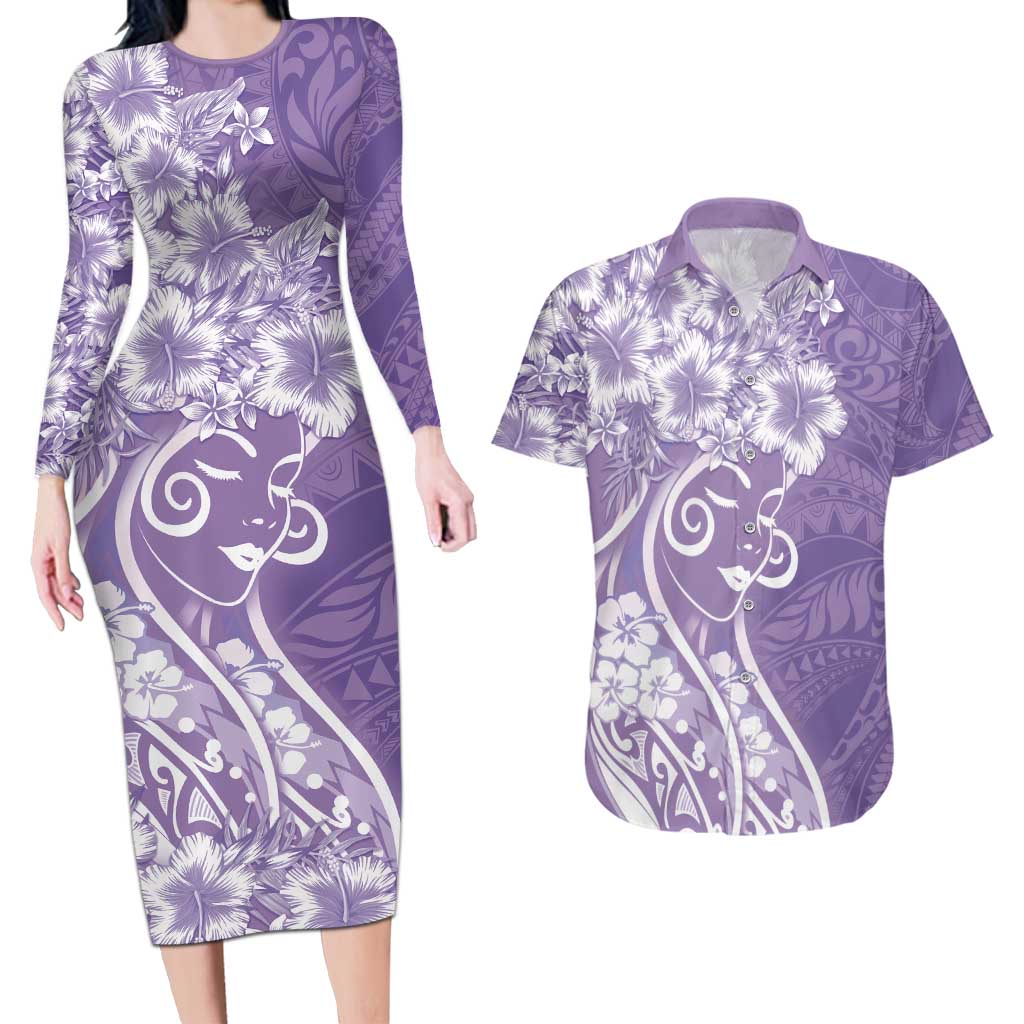 Polynesian Women's Day Couples Matching Long Sleeve Bodycon Dress and Hawaiian Shirt Purple Hibiscus Flowers With Polynesian Pattern