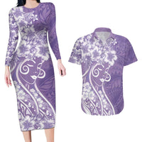 Polynesian Women's Day Couples Matching Long Sleeve Bodycon Dress and Hawaiian Shirt Purple Hibiscus Flowers With Polynesian Pattern