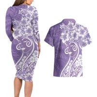 Polynesian Women's Day Couples Matching Long Sleeve Bodycon Dress and Hawaiian Shirt Purple Hibiscus Flowers With Polynesian Pattern