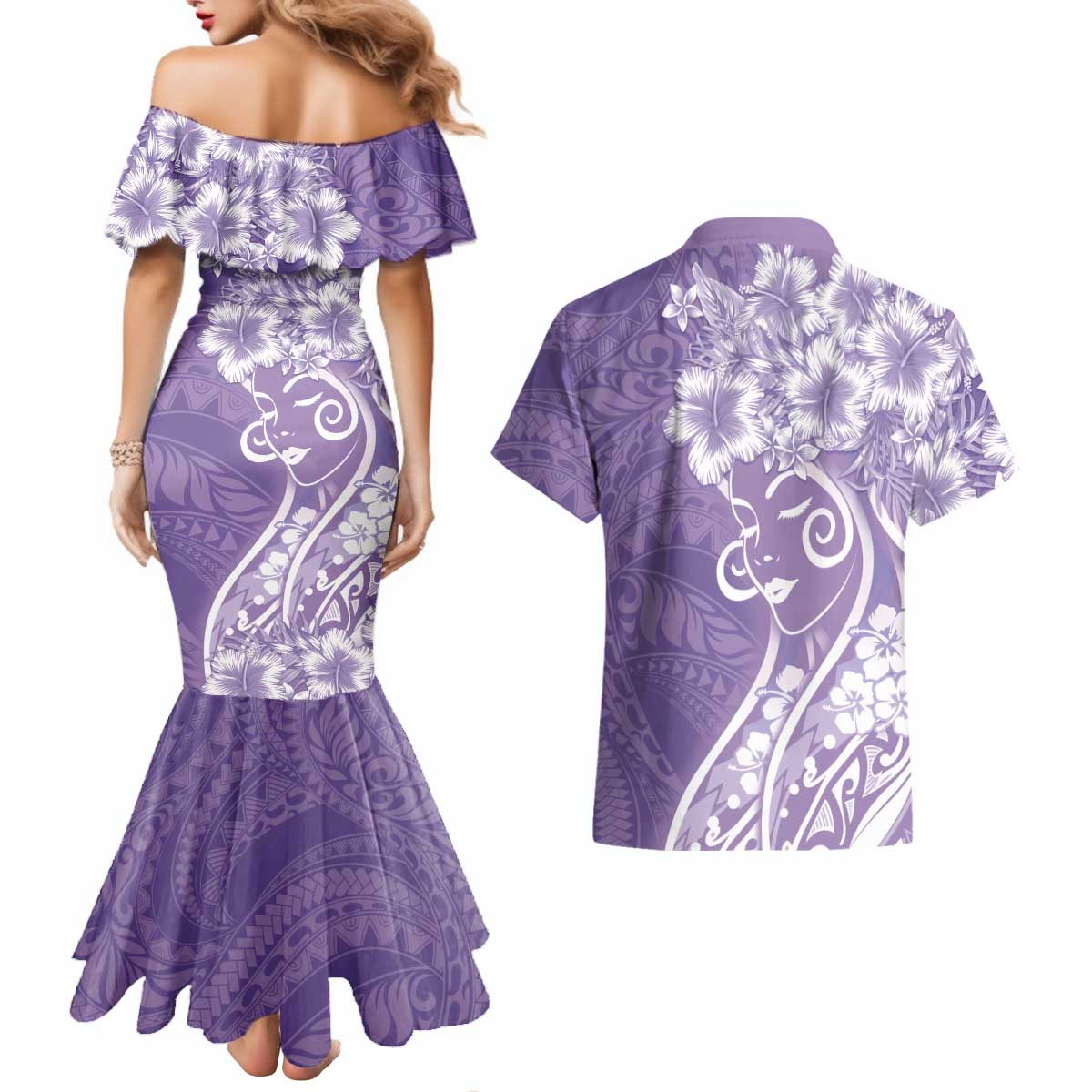 Polynesian Women's Day Couples Matching Mermaid Dress and Hawaiian Shirt Purple Hibiscus Flowers With Polynesian Pattern