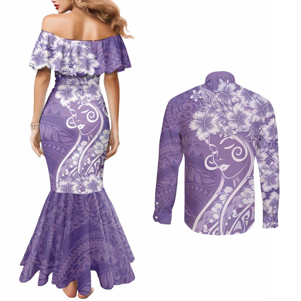 Polynesian Women's Day Couples Matching Mermaid Dress and Long Sleeve Button Shirt Purple Hibiscus Flowers With Polynesian Pattern