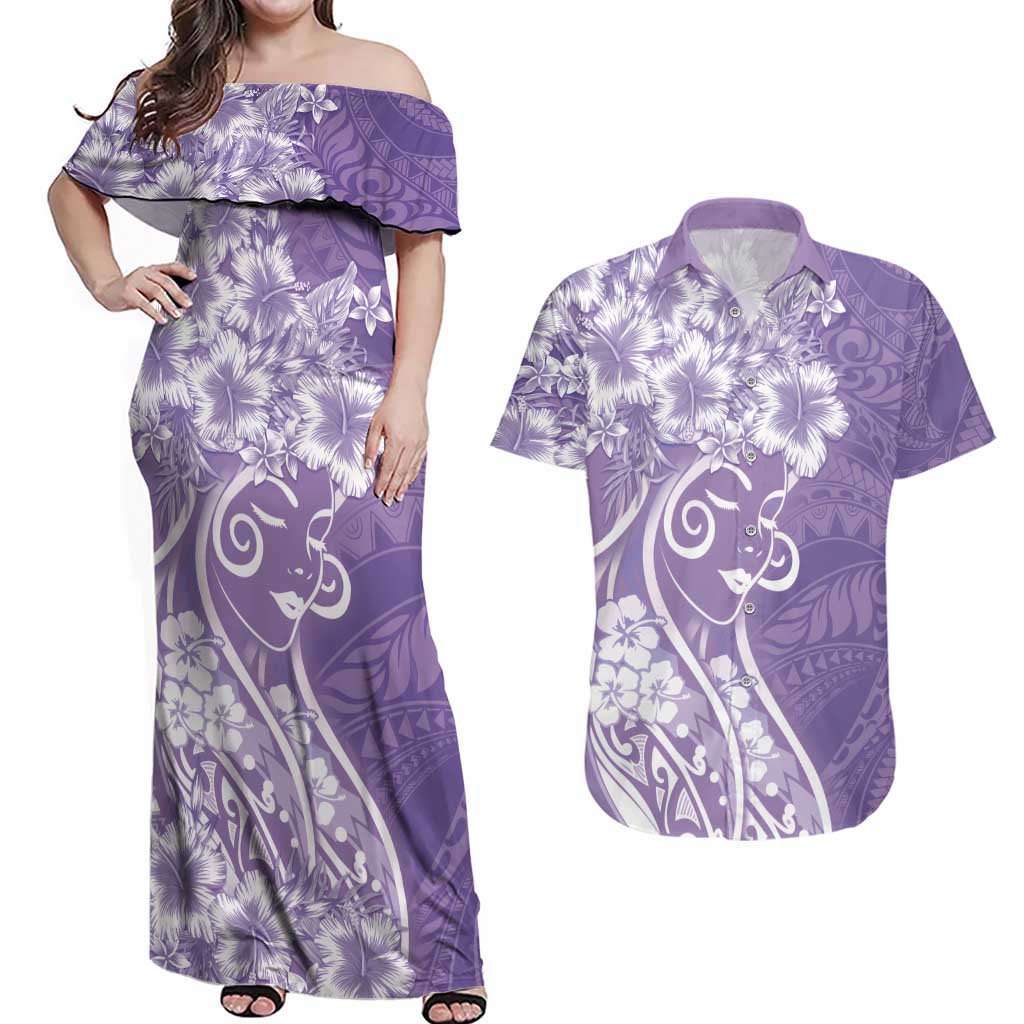 Polynesian Women's Day Couples Matching Off Shoulder Maxi Dress and Hawaiian Shirt Purple Hibiscus Flowers With Polynesian Pattern