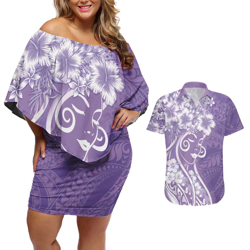 Polynesian Women's Day Couples Matching Off Shoulder Short Dress and Hawaiian Shirt Purple Hibiscus Flowers With Polynesian Pattern