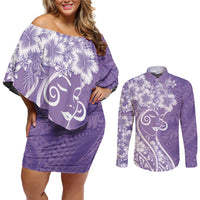 Polynesian Women's Day Couples Matching Off Shoulder Short Dress and Long Sleeve Button Shirt Purple Hibiscus Flowers With Polynesian Pattern