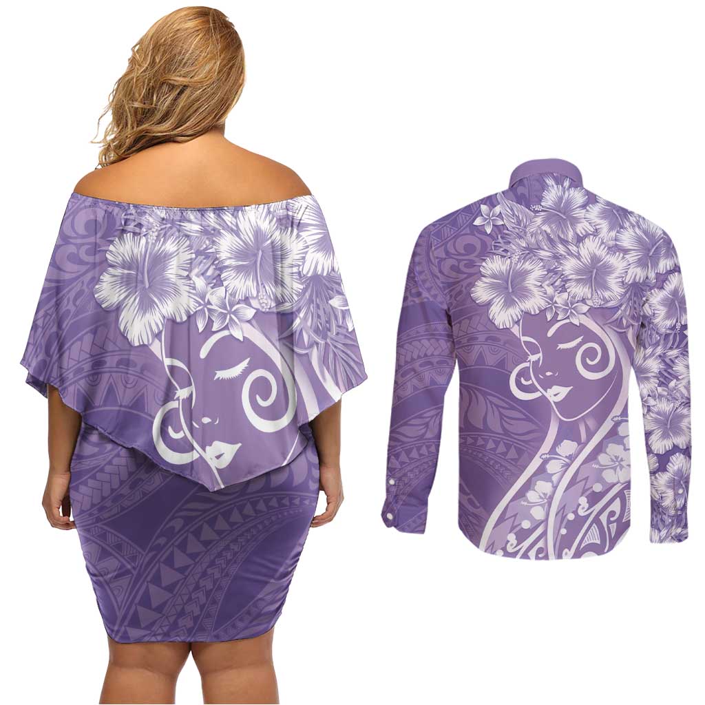 Polynesian Women's Day Couples Matching Off Shoulder Short Dress and Long Sleeve Button Shirt Purple Hibiscus Flowers With Polynesian Pattern