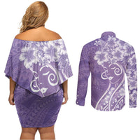 Polynesian Women's Day Couples Matching Off Shoulder Short Dress and Long Sleeve Button Shirt Purple Hibiscus Flowers With Polynesian Pattern