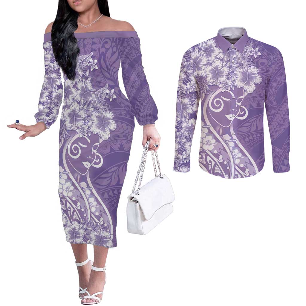 Polynesian Women's Day Couples Matching Off The Shoulder Long Sleeve Dress and Long Sleeve Button Shirt Purple Hibiscus Flowers With Polynesian Pattern