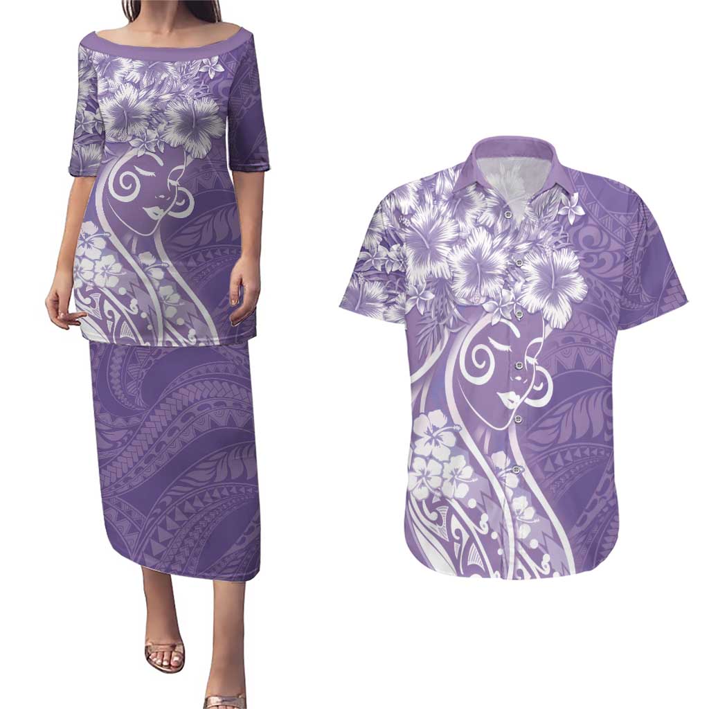 Polynesian Women's Day Couples Matching Puletasi and Hawaiian Shirt Purple Hibiscus Flowers With Polynesian Pattern