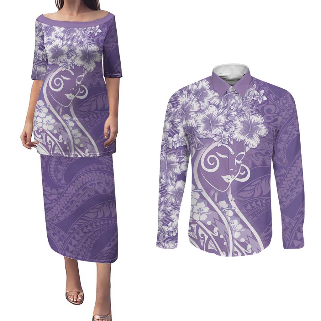 Polynesian Women's Day Couples Matching Puletasi and Long Sleeve Button Shirt Purple Hibiscus Flowers With Polynesian Pattern