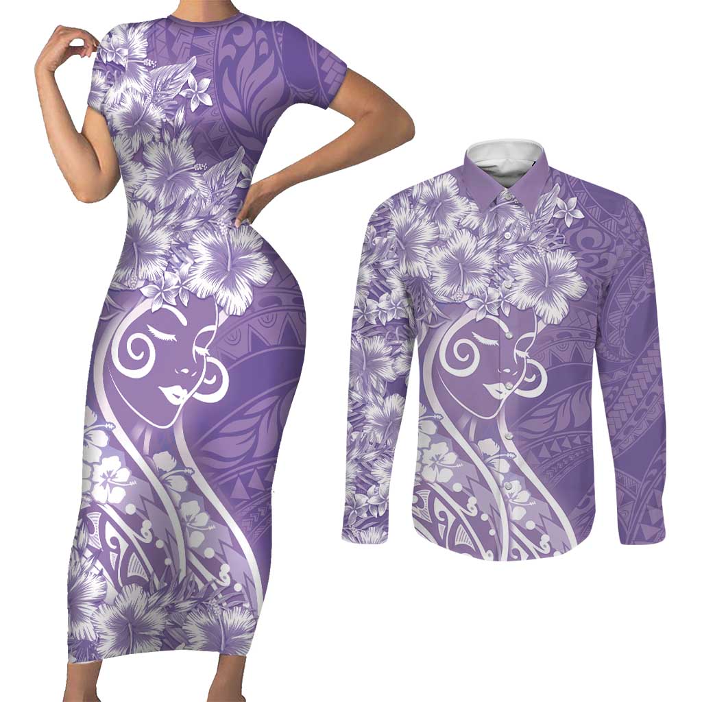 Polynesian Women's Day Couples Matching Short Sleeve Bodycon Dress and Long Sleeve Button Shirt Purple Hibiscus Flowers With Polynesian Pattern