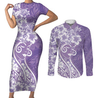 Polynesian Women's Day Couples Matching Short Sleeve Bodycon Dress and Long Sleeve Button Shirt Purple Hibiscus Flowers With Polynesian Pattern