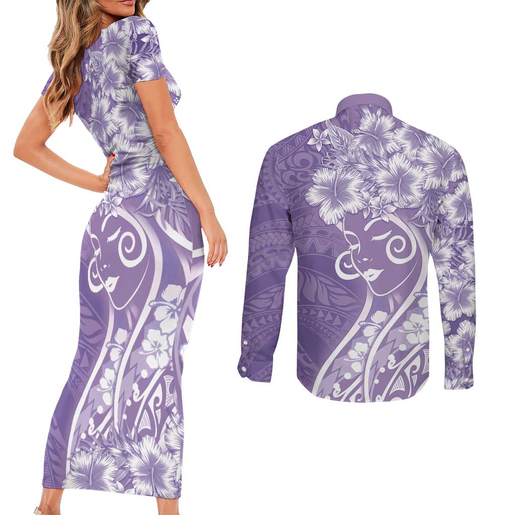 Polynesian Women's Day Couples Matching Short Sleeve Bodycon Dress and Long Sleeve Button Shirt Purple Hibiscus Flowers With Polynesian Pattern