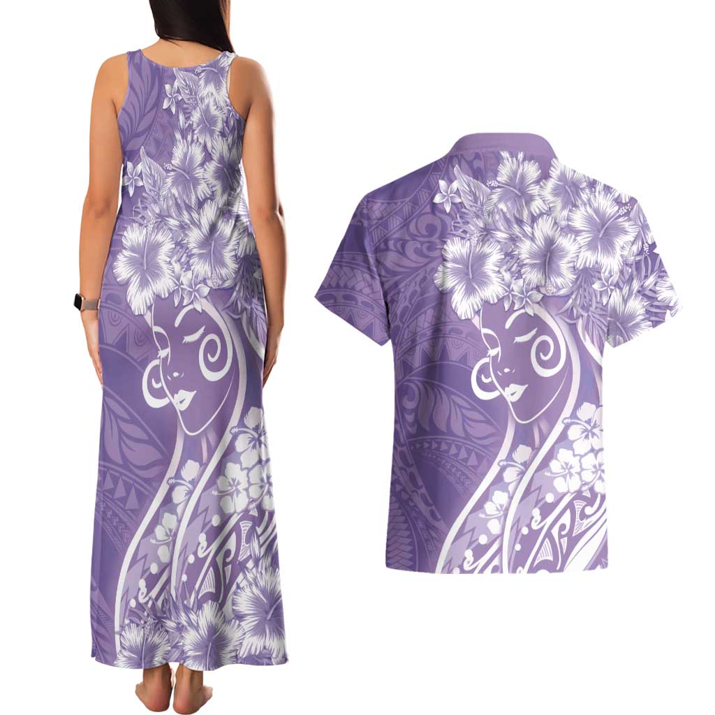 Polynesian Women's Day Couples Matching Tank Maxi Dress and Hawaiian Shirt Purple Hibiscus Flowers With Polynesian Pattern