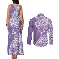 Polynesian Women's Day Couples Matching Tank Maxi Dress and Long Sleeve Button Shirt Purple Hibiscus Flowers With Polynesian Pattern