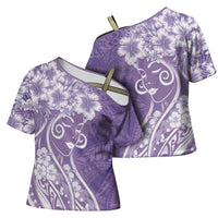 Polynesian Women's Day Cross Shoulder Shirt Purple Hibiscus Flowers With Polynesian Pattern