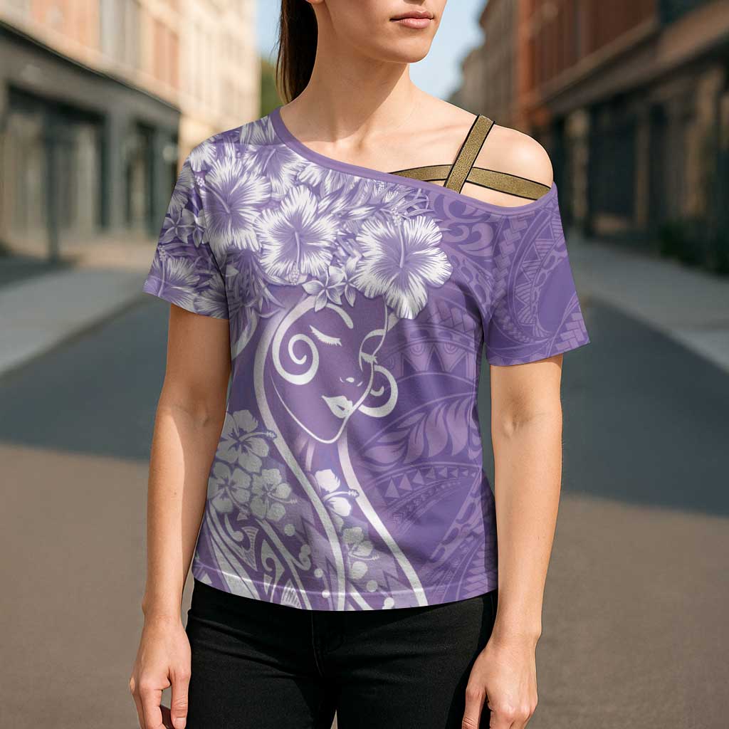 Polynesian Women's Day Cross Shoulder Shirt Purple Hibiscus Flowers With Polynesian Pattern