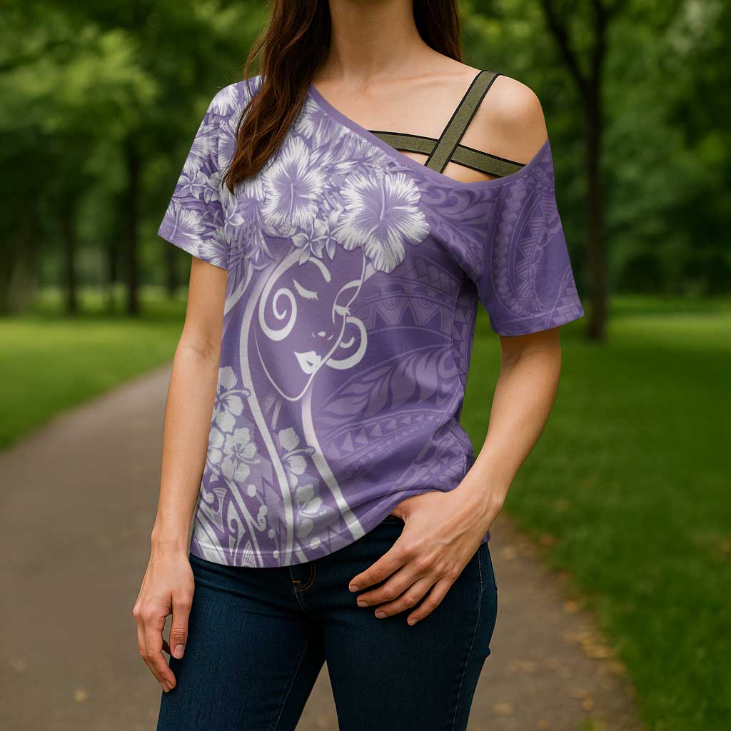 Polynesian Women's Day Cross Shoulder Shirt Purple Hibiscus Flowers With Polynesian Pattern