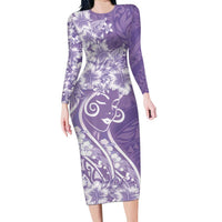 Polynesian Women's Day Family Matching Long Sleeve Bodycon Dress and Hawaiian Shirt Purple Hibiscus Flowers With Polynesian Pattern LT05 Mom's Dress Purple - Polynesian Pride