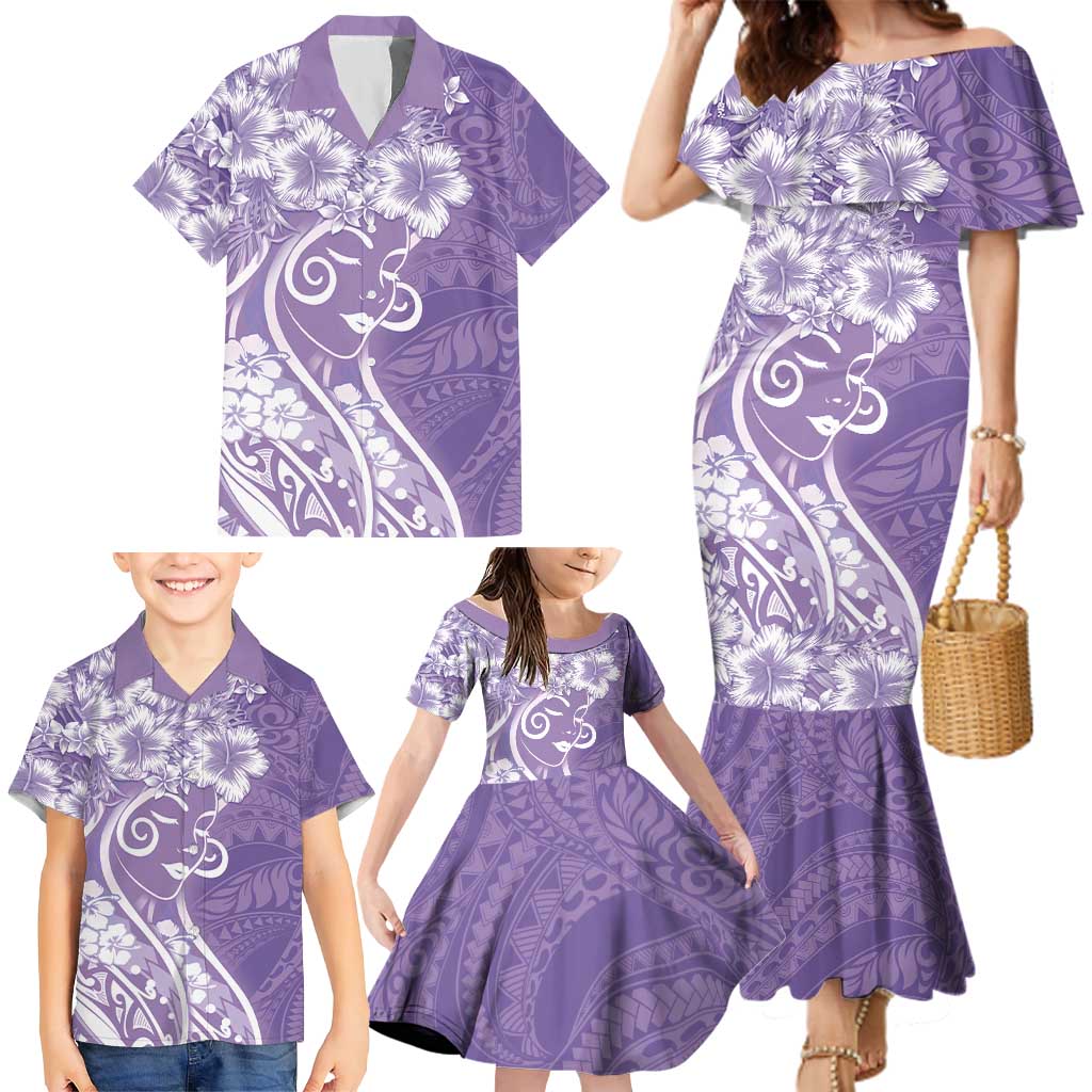 Polynesian Women's Day Family Matching Mermaid Dress and Hawaiian Shirt Purple Hibiscus Flowers With Polynesian Pattern LT05 - Polynesian Pride
