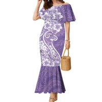 Polynesian Women's Day Family Matching Mermaid Dress and Hawaiian Shirt Purple Hibiscus Flowers With Polynesian Pattern LT05 Mom's Dress Purple - Polynesian Pride