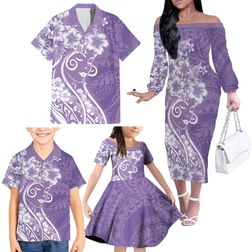 Polynesian Women's Day Family Matching Off The Shoulder Long Sleeve Dress and Hawaiian Shirt Purple Hibiscus Flowers With Polynesian Pattern LT05 - Polynesian Pride