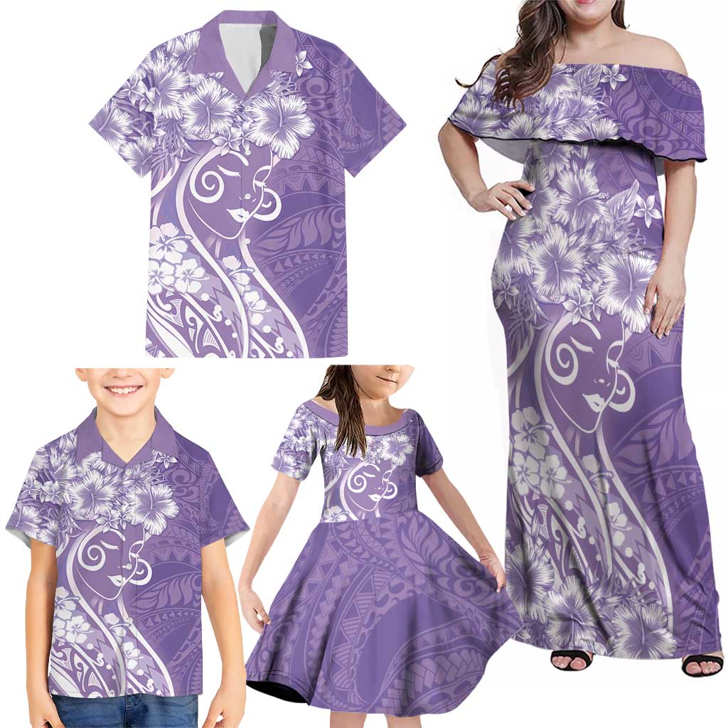 Polynesian Women's Day Family Matching Off Shoulder Maxi Dress and Hawaiian Shirt Purple Hibiscus Flowers With Polynesian Pattern