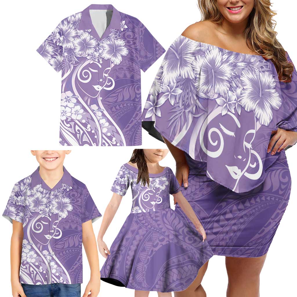 Polynesian Women's Day Family Matching Off Shoulder Short Dress and Hawaiian Shirt Purple Hibiscus Flowers With Polynesian Pattern