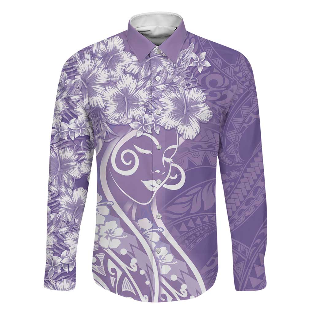 Polynesian Women's Day Family Matching Off Shoulder Short Dress and Hawaiian Shirt Purple Hibiscus Flowers With Polynesian Pattern LT05 Dad's Shirt - Long Sleeve Purple - Polynesian Pride