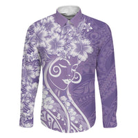 Polynesian Women's Day Family Matching Off Shoulder Short Dress and Hawaiian Shirt Purple Hibiscus Flowers With Polynesian Pattern LT05 Dad's Shirt - Long Sleeve Purple - Polynesian Pride