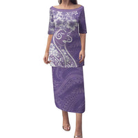 Polynesian Women's Day Family Matching Puletasi and Hawaiian Shirt Purple Hibiscus Flowers With Polynesian Pattern