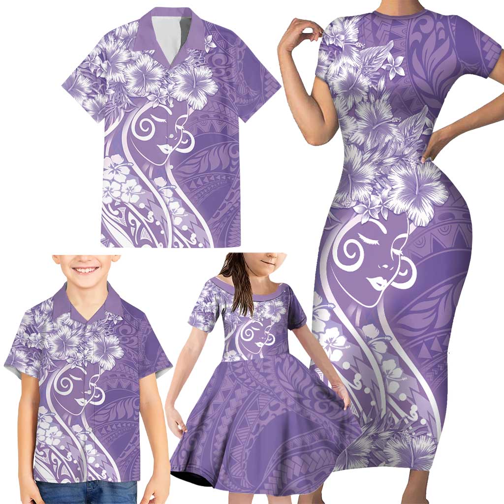 Polynesian Women's Day Family Matching Short Sleeve Bodycon Dress and Hawaiian Shirt Purple Hibiscus Flowers With Polynesian Pattern