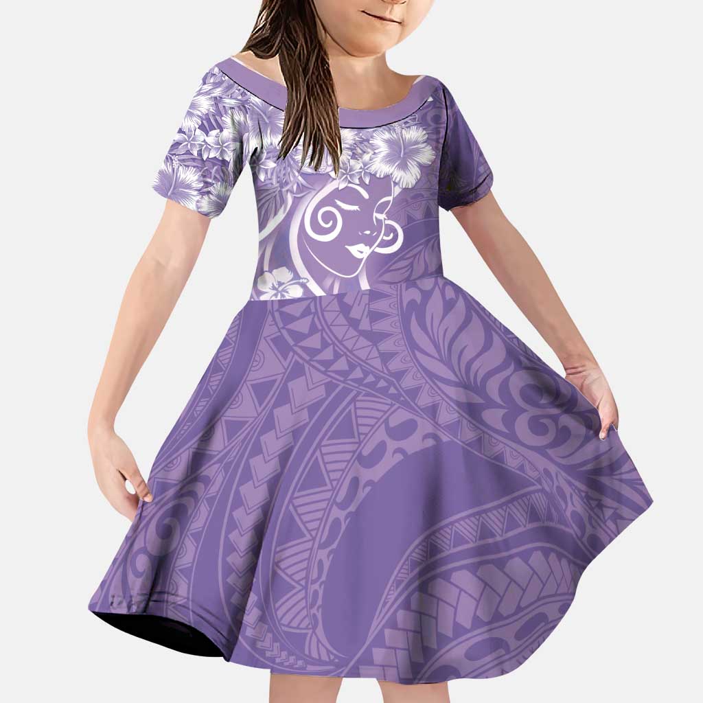 Polynesian Women's Day Family Matching Tank Maxi Dress and Hawaiian Shirt Purple Hibiscus Flowers With Polynesian Pattern LT05 Daughter's Dress Purple - Polynesian Pride