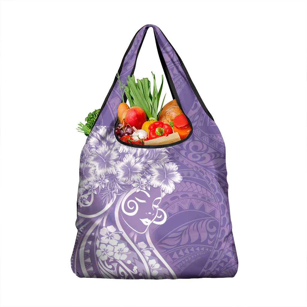Polynesian Women's Day Grocery Bag Purple Hibiscus Flowers With Polynesian Pattern