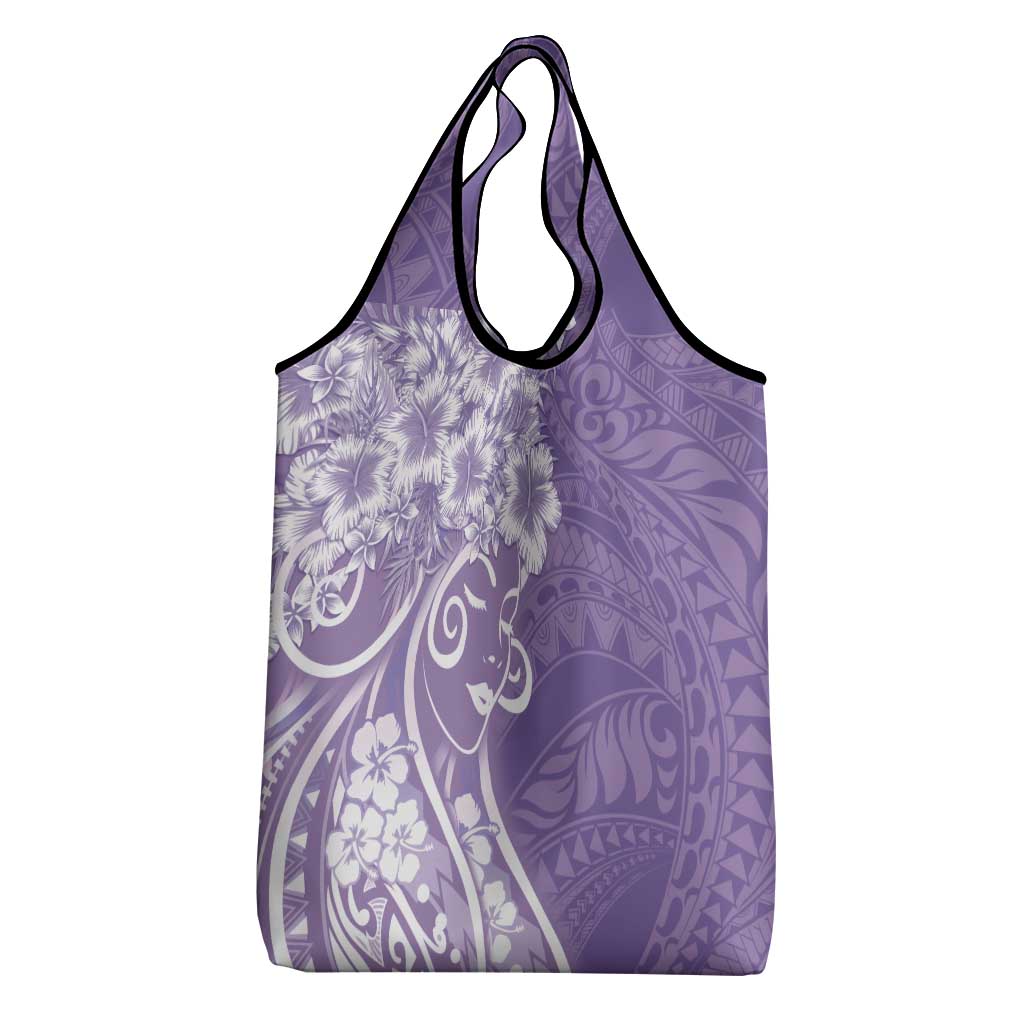 Polynesian Women's Day Grocery Bag Purple Hibiscus Flowers With Polynesian Pattern
