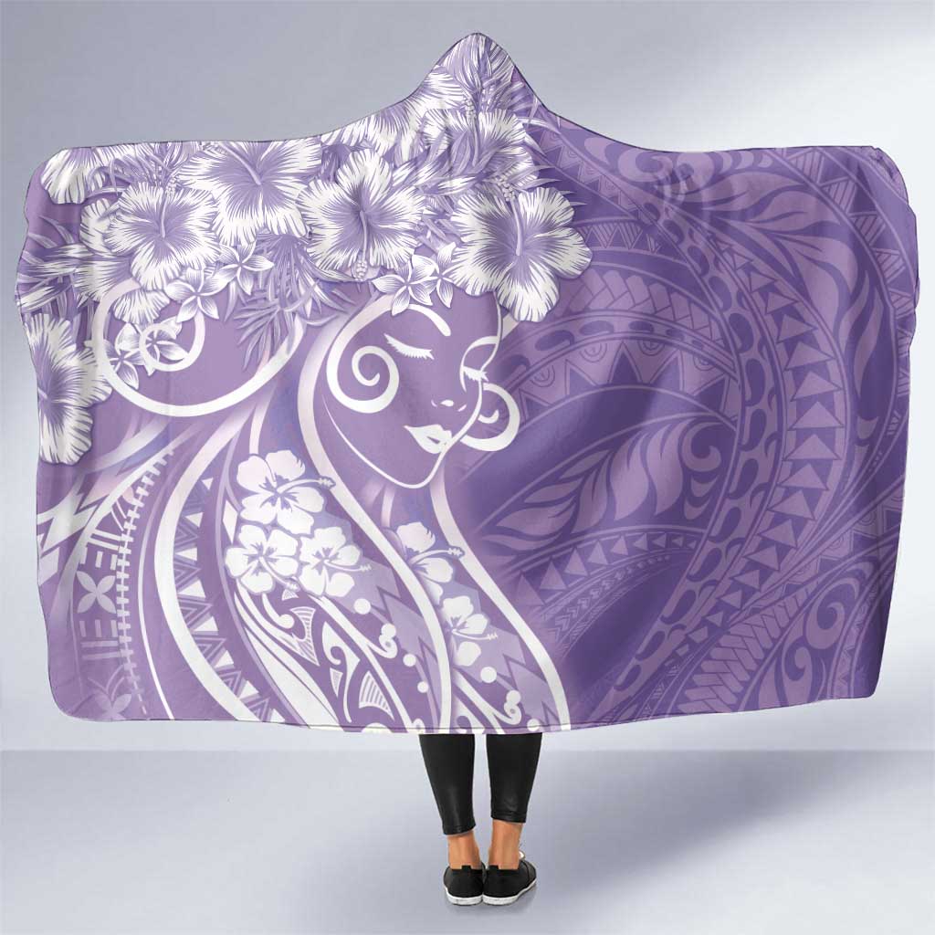 Polynesian Women's Day Hooded Blanket Purple Hibiscus Flowers With Polynesian Pattern