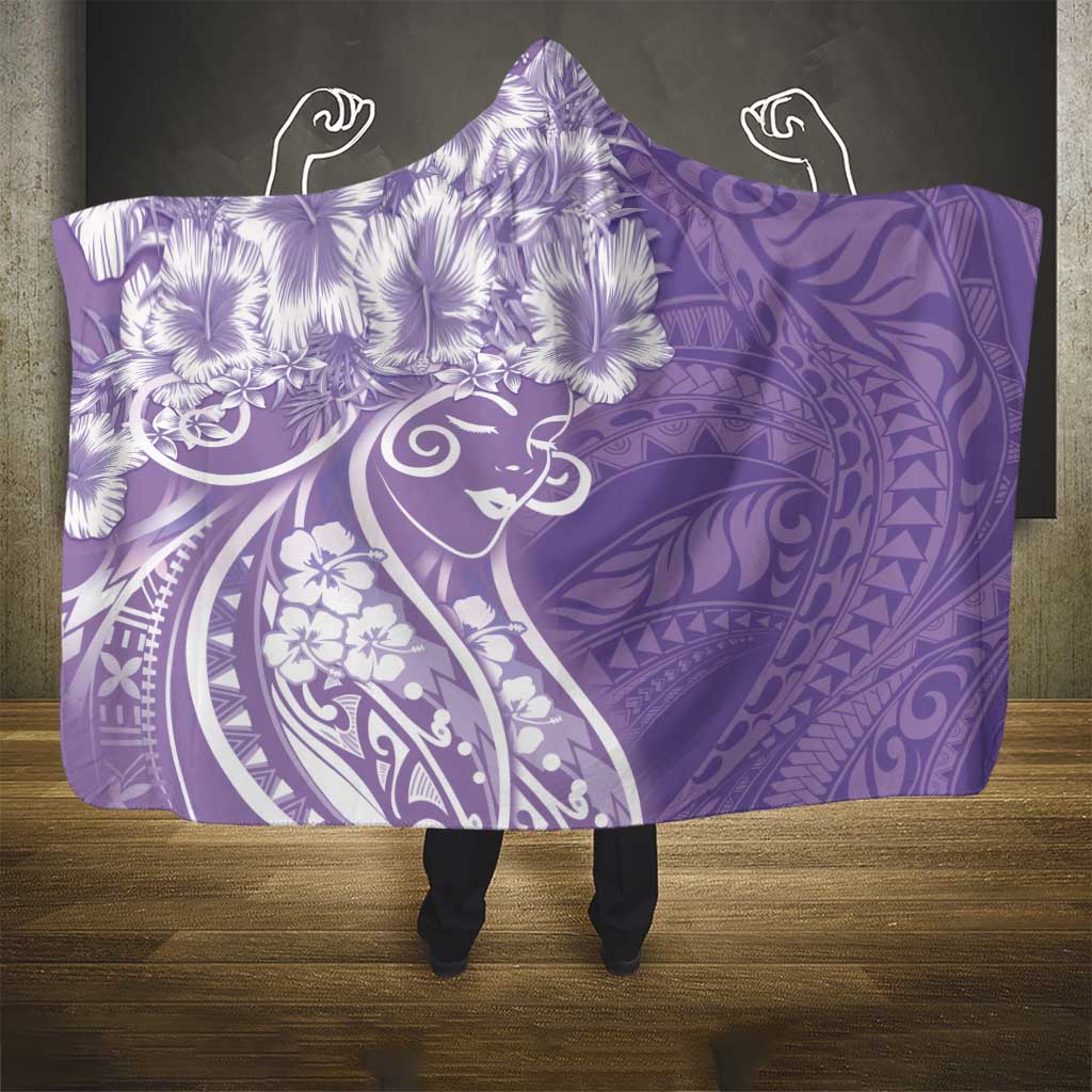 Polynesian Women's Day Hooded Blanket Purple Hibiscus Flowers With Polynesian Pattern