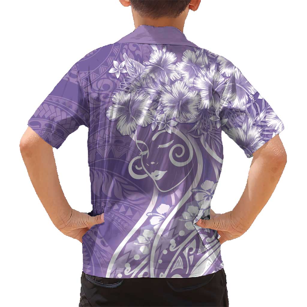 Polynesian Women's Day Kid Hawaiian Shirt Purple Hibiscus Flowers With Polynesian Pattern