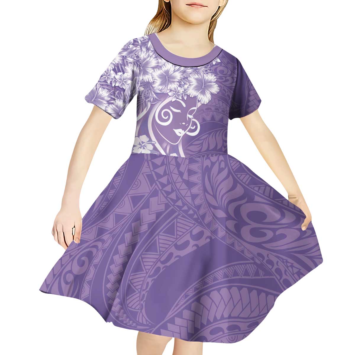 Polynesian Women's Day Kid Short Sleeve Dress Purple Hibiscus Flowers With Polynesian Pattern