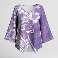 Polynesian Women's Day Kimono Sleeve Blouse Purple Hibiscus Flowers With Polynesian Pattern