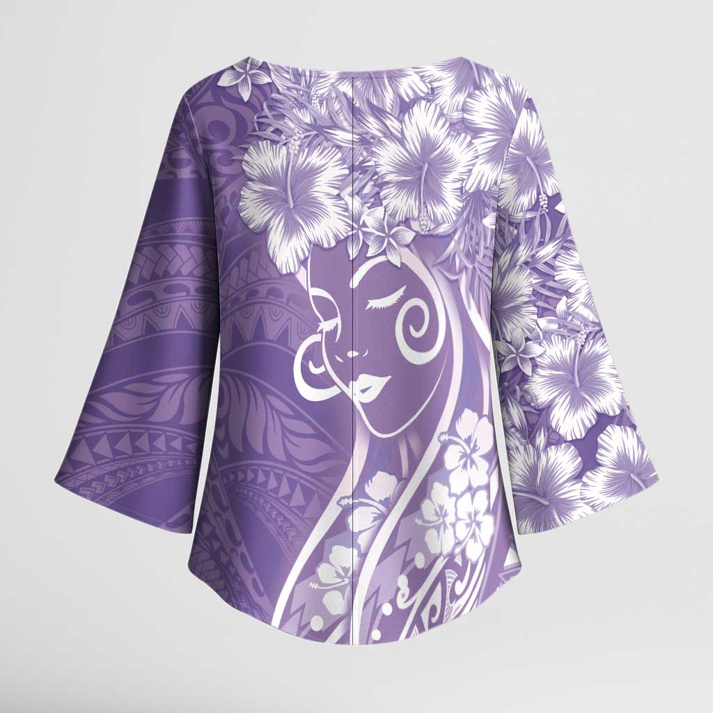 Polynesian Women's Day Kimono Sleeve Blouse Purple Hibiscus Flowers With Polynesian Pattern