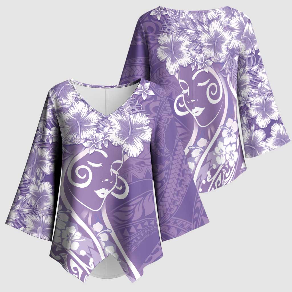 Polynesian Women's Day Kimono Sleeve Blouse Purple Hibiscus Flowers With Polynesian Pattern