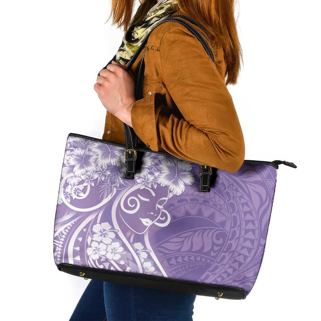 Polynesian Women's Day Leather Tote Bag Purple Hibiscus Flowers With Polynesian Pattern