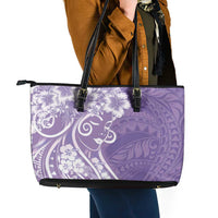 Polynesian Women's Day Leather Tote Bag Purple Hibiscus Flowers With Polynesian Pattern