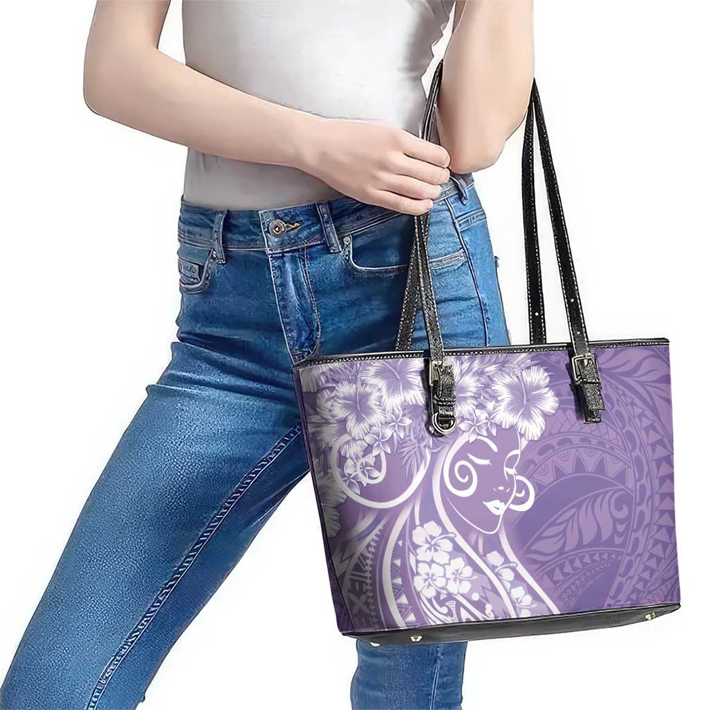 Polynesian Women's Day Leather Tote Bag Purple Hibiscus Flowers With Polynesian Pattern