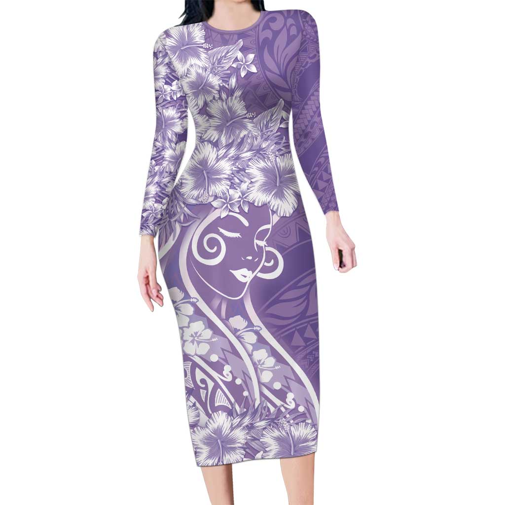 Polynesian Women's Day Long Sleeve Bodycon Dress Purple Hibiscus Flowers With Polynesian Pattern