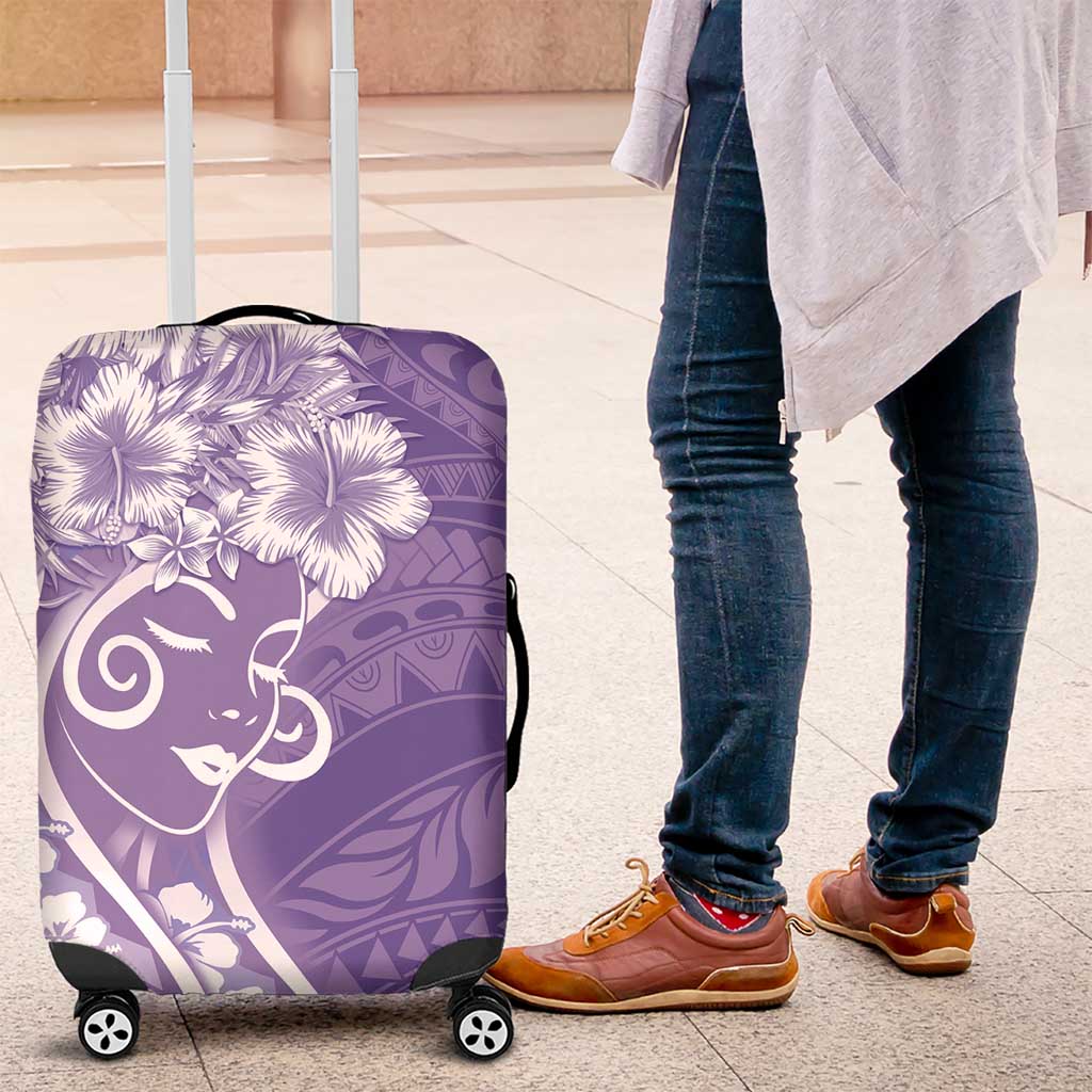 Polynesian Women's Day Luggage Cover Purple Hibiscus Flowers With Polynesian Pattern