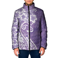 Polynesian Women's Day Padded Jacket Purple Hibiscus Flowers With Polynesian Pattern