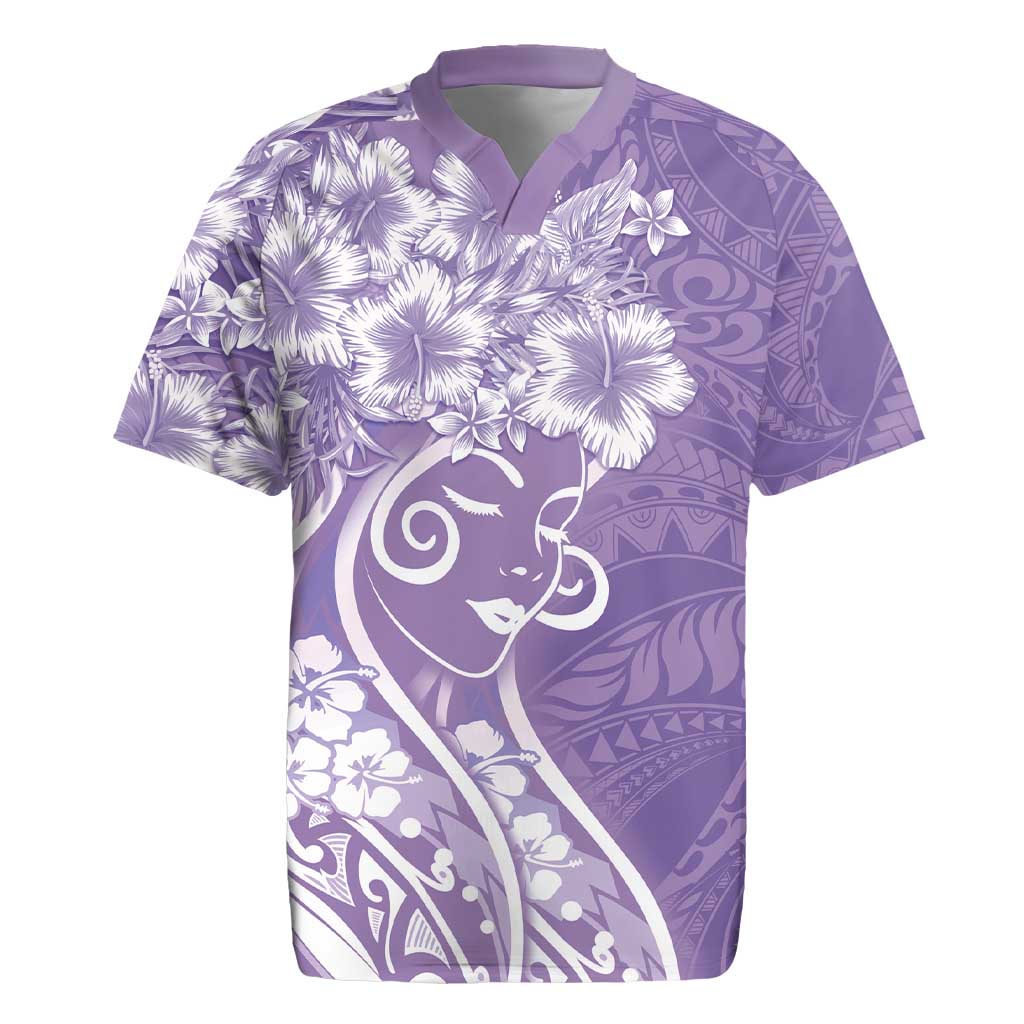 Polynesian Women's Day Rugby Jersey Purple Hibiscus Flowers With Polynesian Pattern