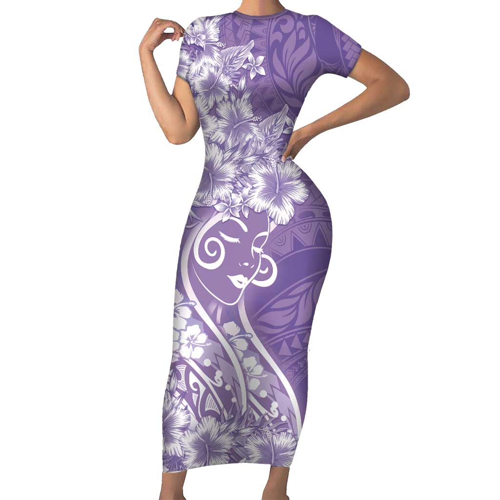 Polynesian Women's Day Short Sleeve Bodycon Dress Purple Hibiscus Flowers With Polynesian Pattern