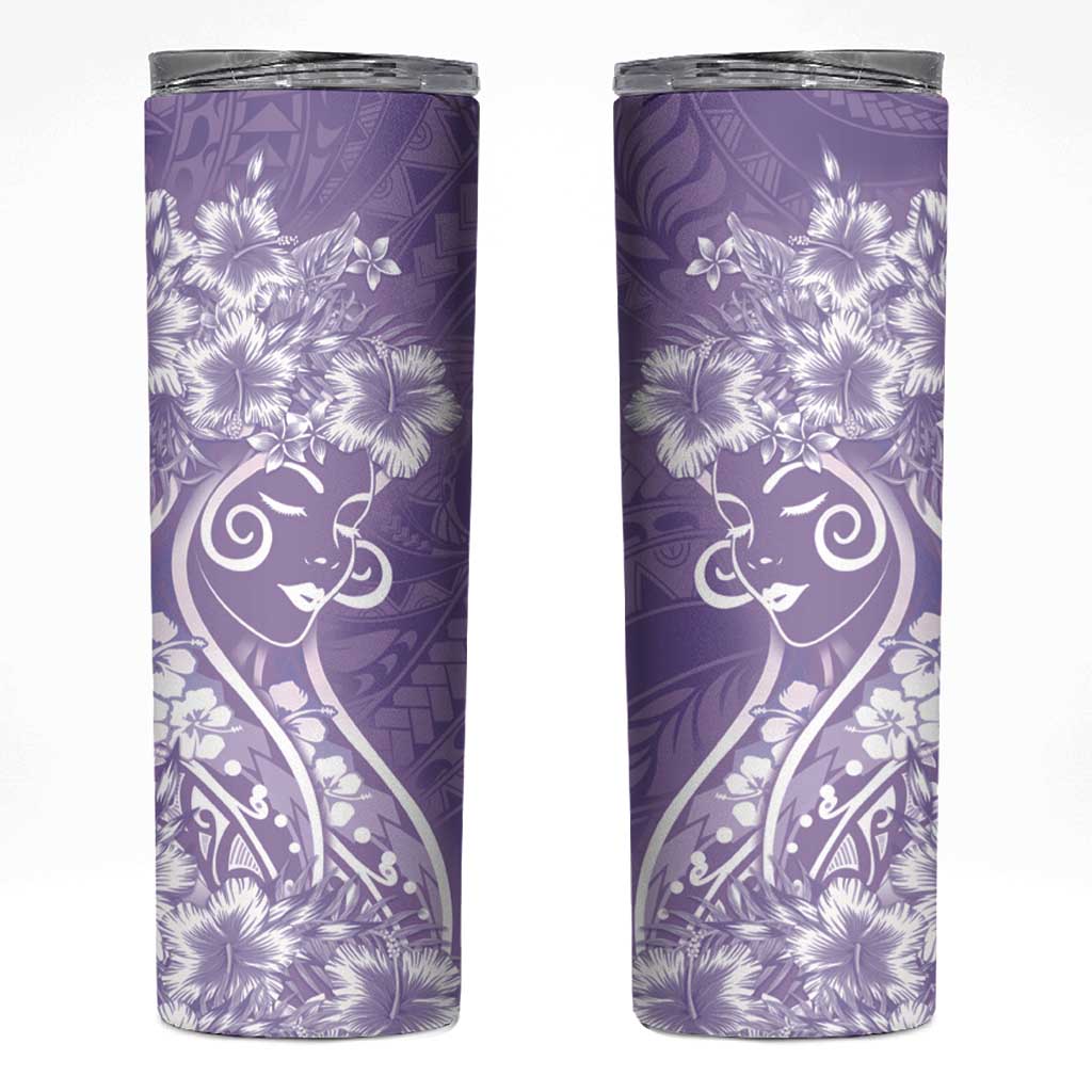 Polynesian Women's Day Skinny Tumbler Purple Hibiscus Flowers With Polynesian Pattern